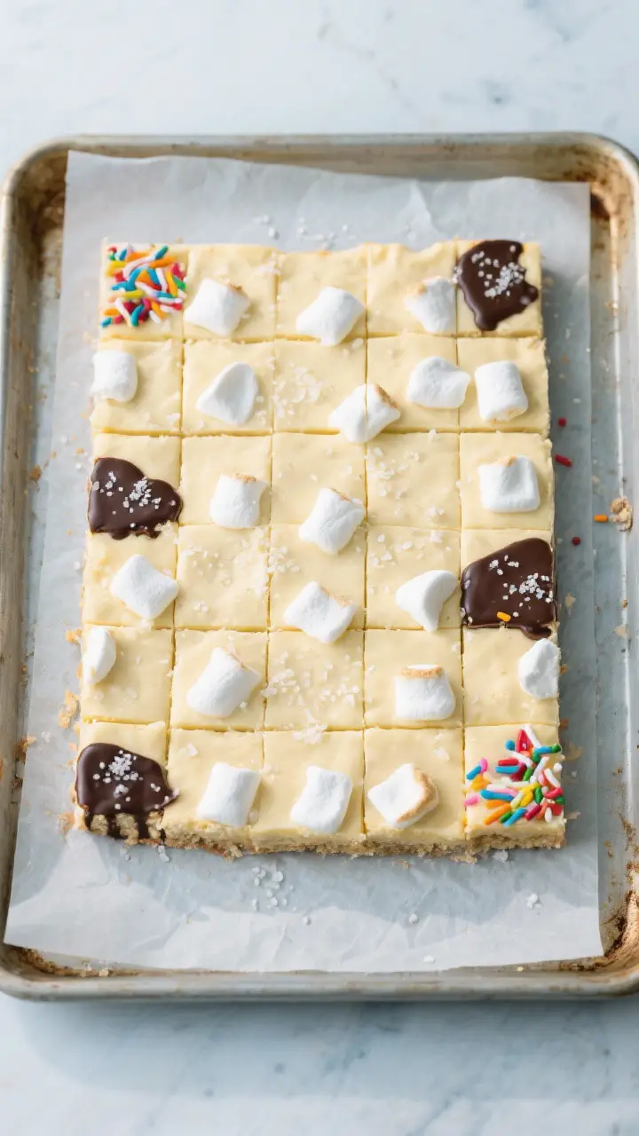 Final dish, top view: Overhead shot of a 9x13 slab cut into clean squares with sharp buttered knife