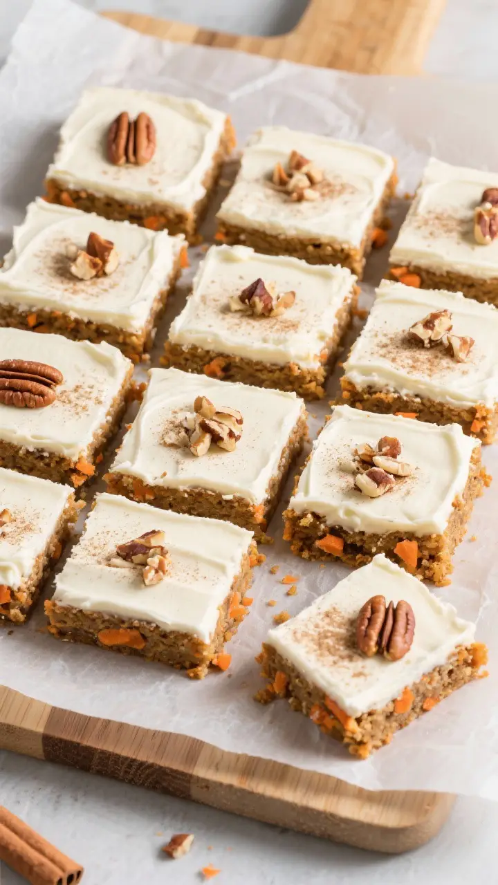 Final dish, top view: Overhead shot of neatly sliced carrot cake cookie bars arranged in a tight gri