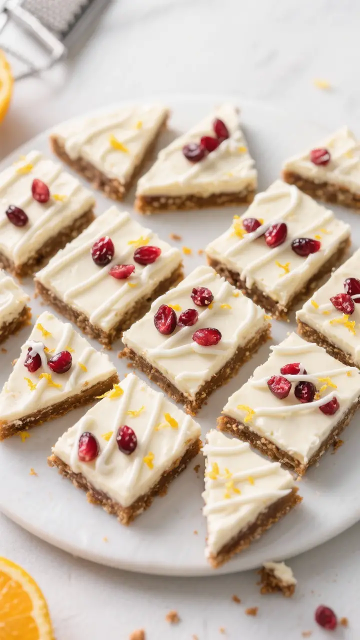 Final dish top view: Overhead shot of sliced Cranberry Bliss Bars arranged in a tidy grid with some 