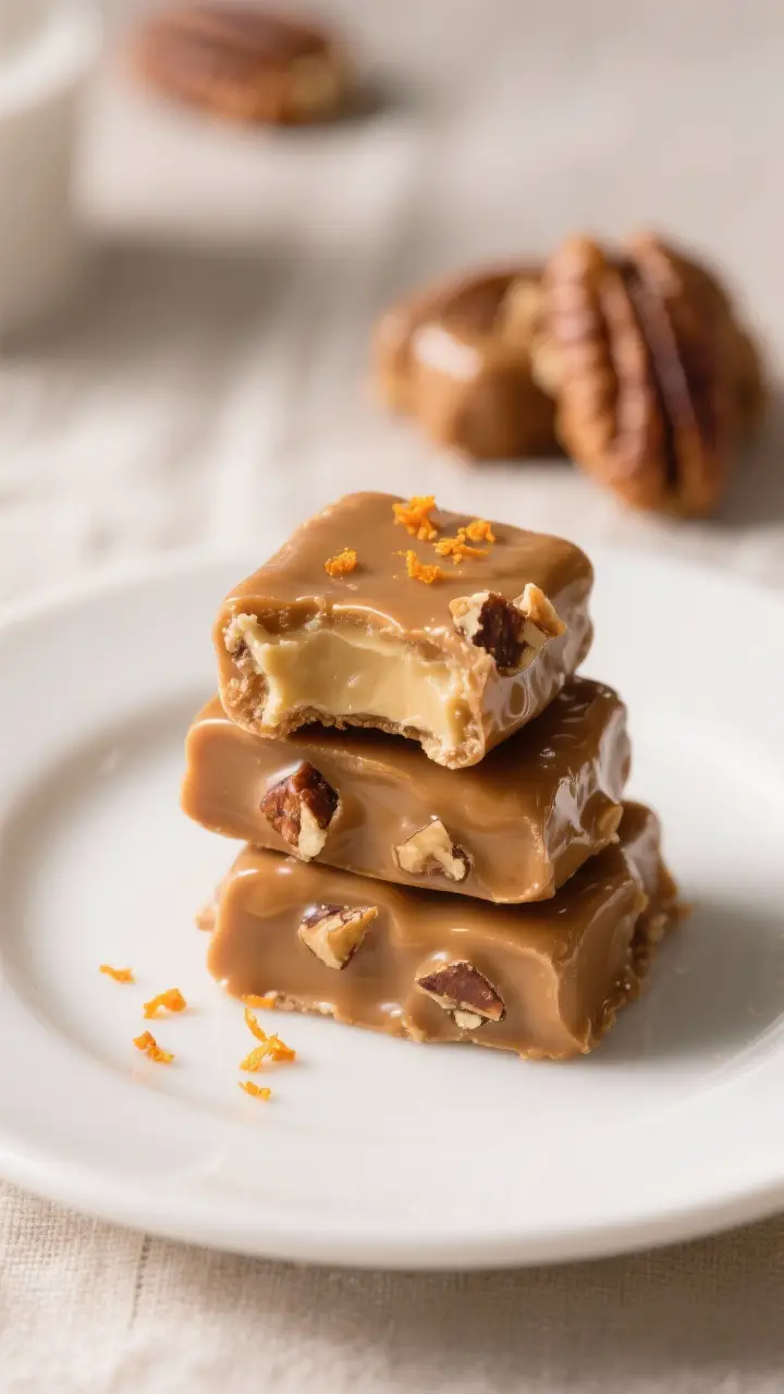 Final plated beauty: A stack of finished pralines on a matte white dessert plate, rich golden-brown 