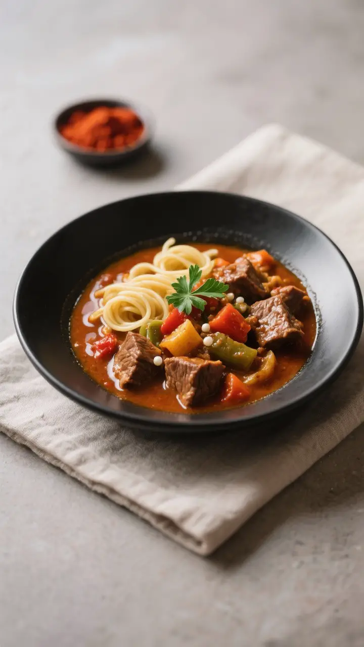 Final plated beauty: Restaurant-quality presentation of Hungarian goulash in a shallow, matte-black 
