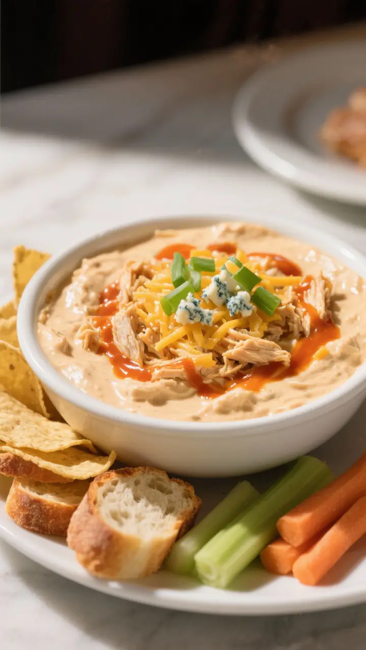 Final plated beauty: Restaurant-quality presentation of buffalo chicken dip served in a low, wide wh
