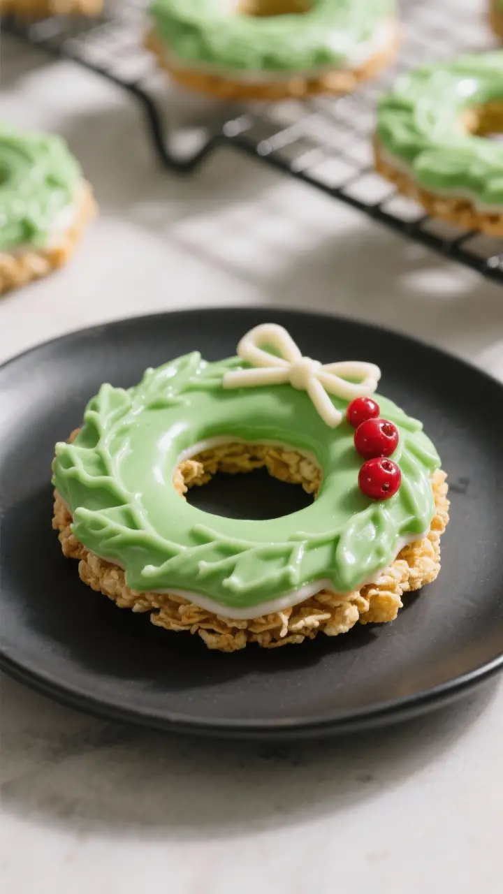 Final plated beauty shot: Single statement wreath cookie on a small matte black plate to pop the gre