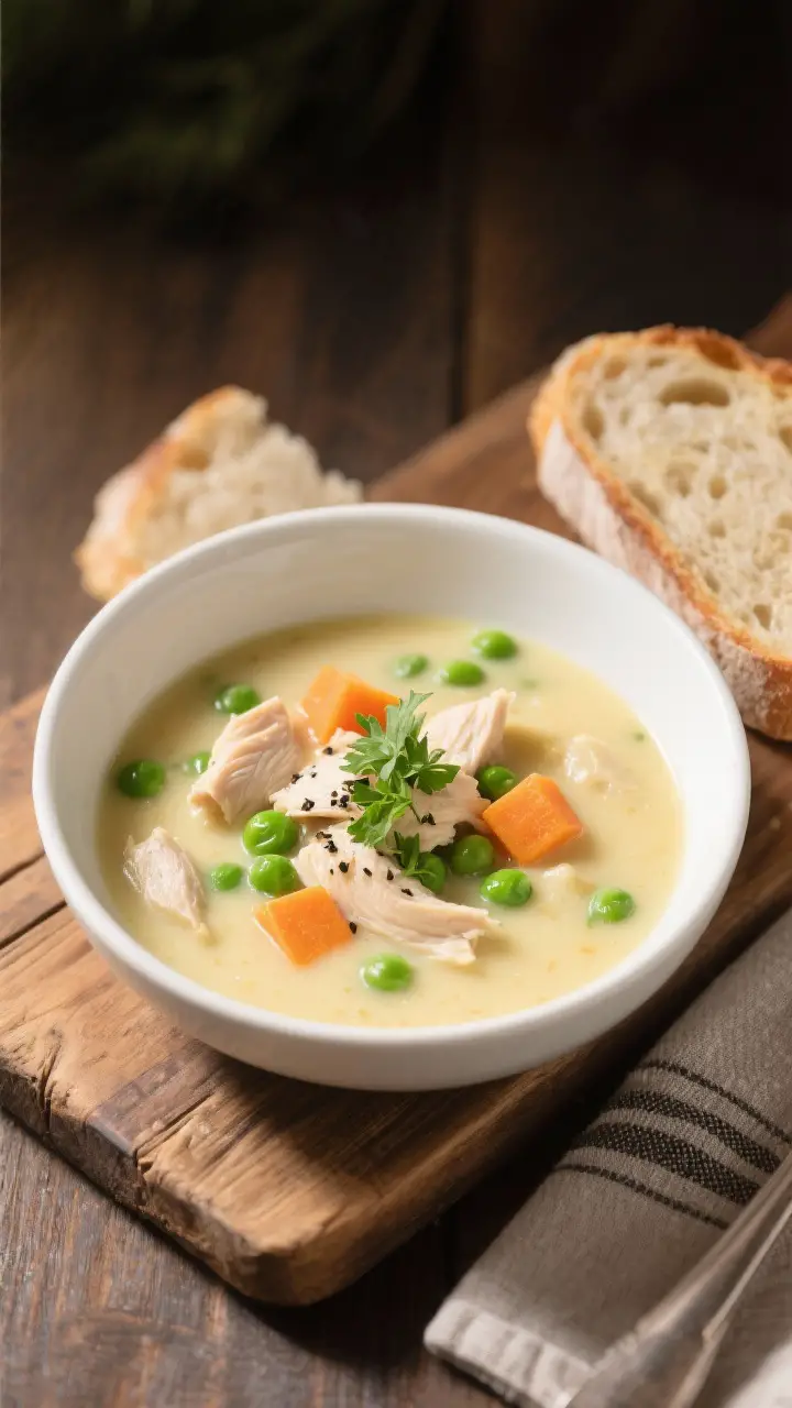 Final plated bowl: A beautifully plated bowl of homemade cream of chicken soup, richly creamy with a