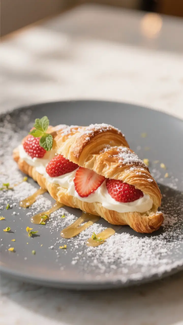 Final plated cafe-style presentation: a single strawberry croissant on a slate-gray plate, clean dia