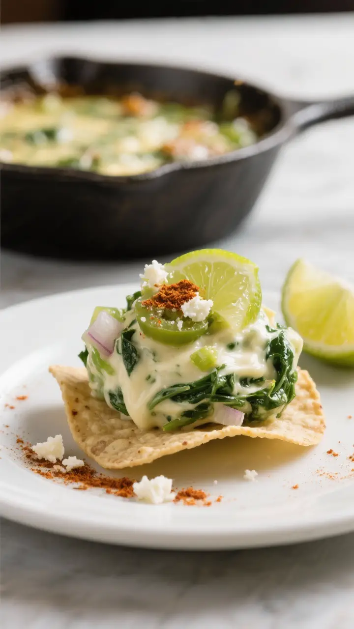 Final plated close-up: A generous scoop of the Mexican Spinach Dip on a sturdy tortilla chip mid-pla