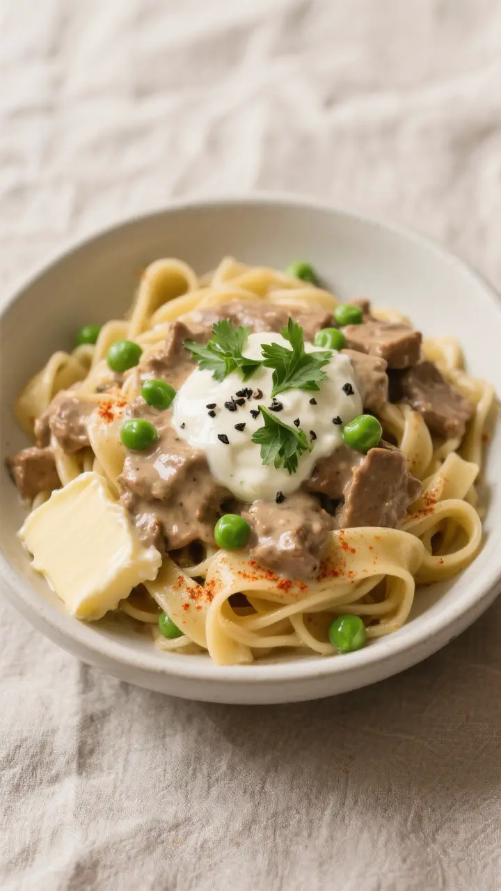 Final plated comfort bowl: Beautifully plated Pantry Stroganoff over wide egg noodles, generously co
