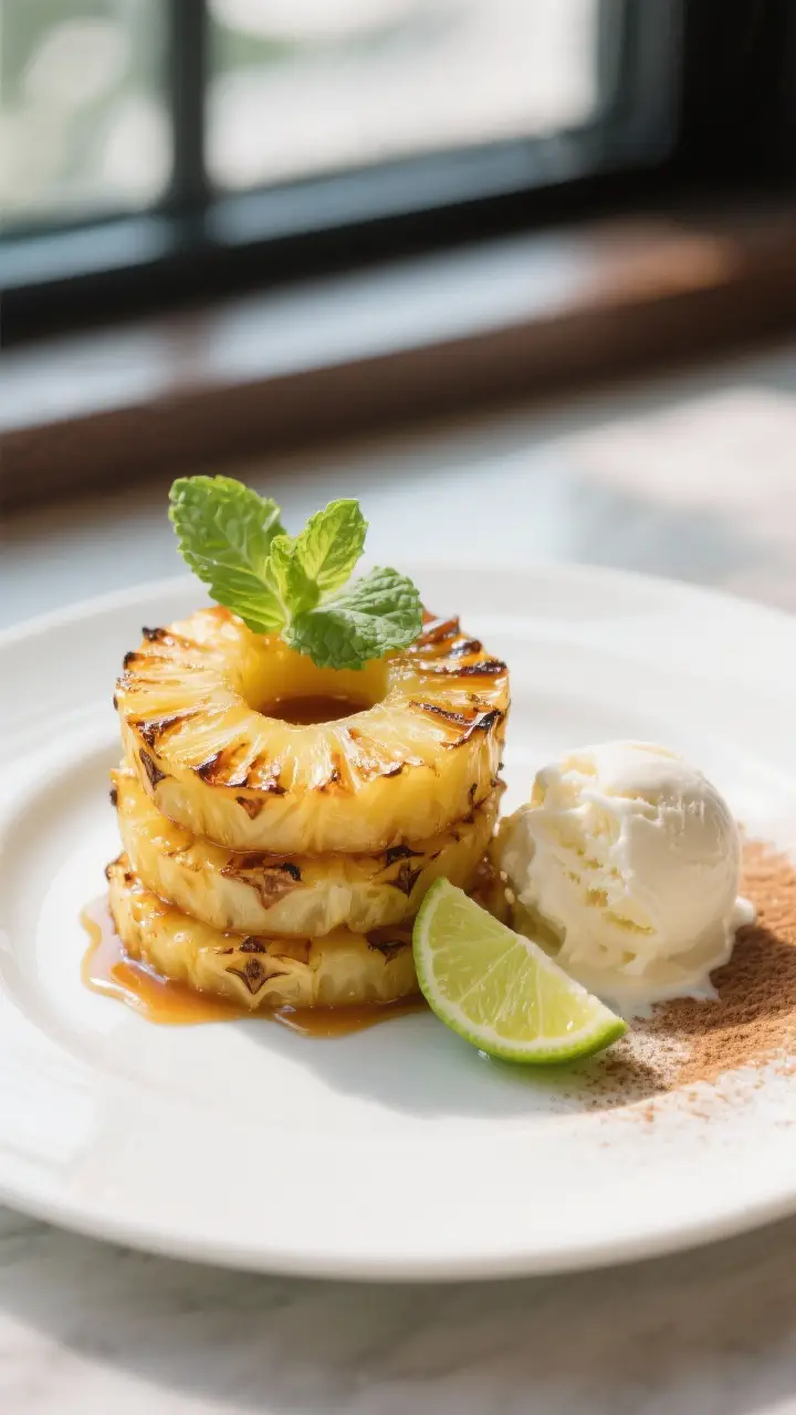 Final plated dessert: Beautifully plated grilled pineapple rings stacked slightly askew on a matte w