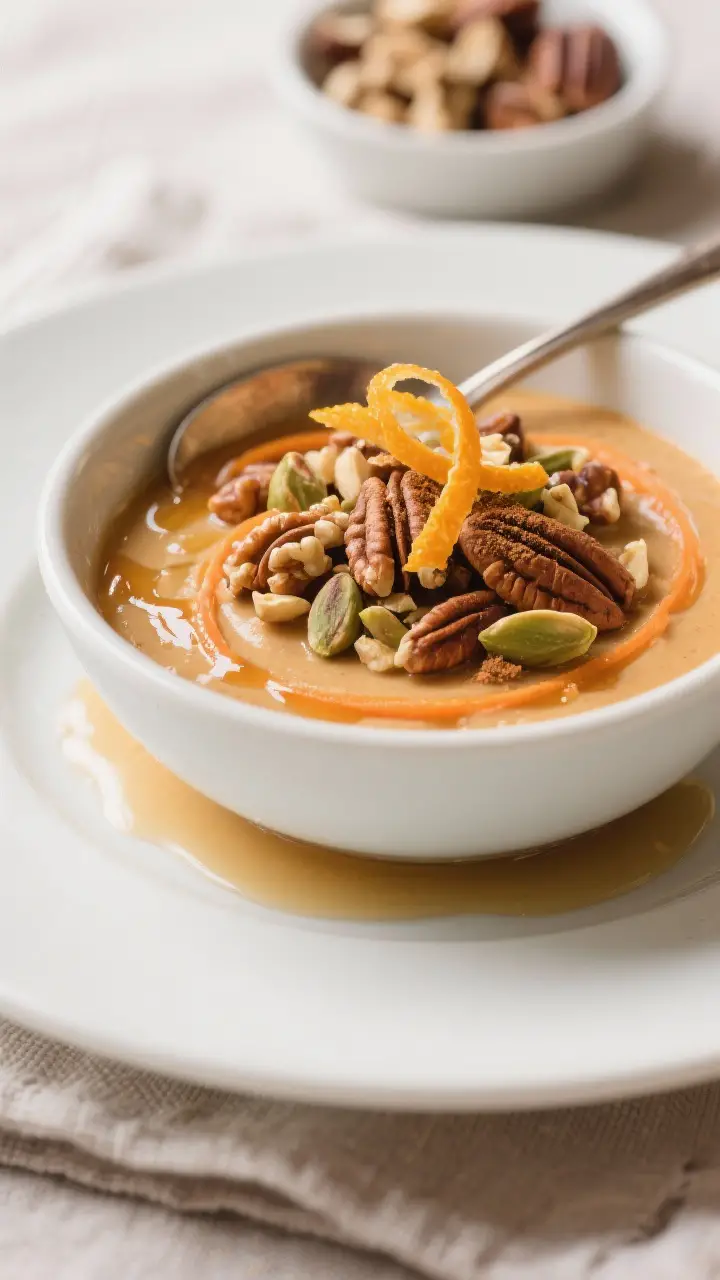 Final plated dessert: Beautifully plated Taste-Me Nut Carrot Pudding served warm in a matte white bo