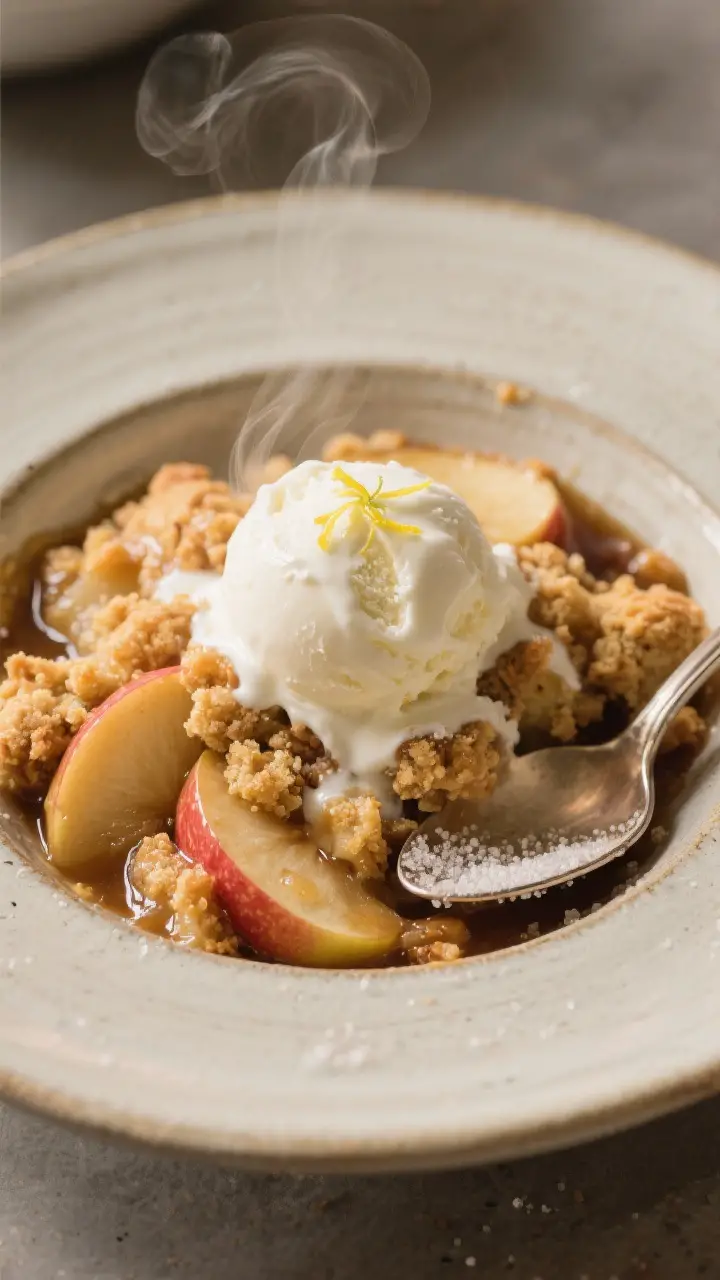 Final plated dessert presentation: a generous spooned serving of Apple Blossom Cobbler in a shallow 