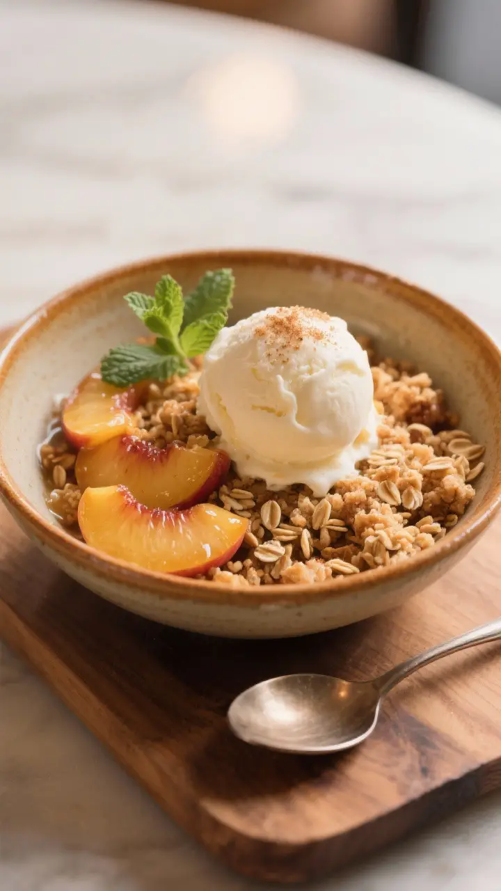 Final plated dessert: restaurant-quality presentation of a warm bowl of peach oat crumble served à 