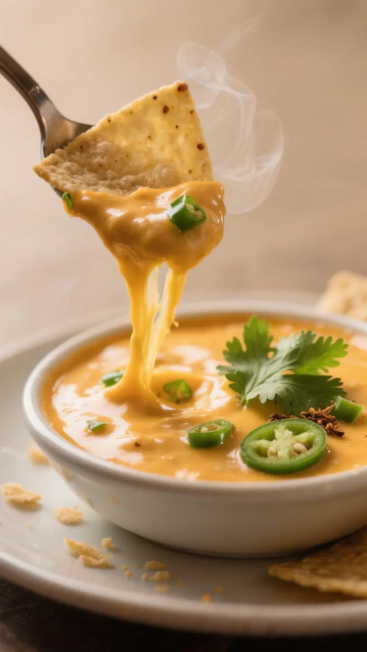 Final plated detail: Extreme close-up of a chip scooping through the finished queso, capturing a lus