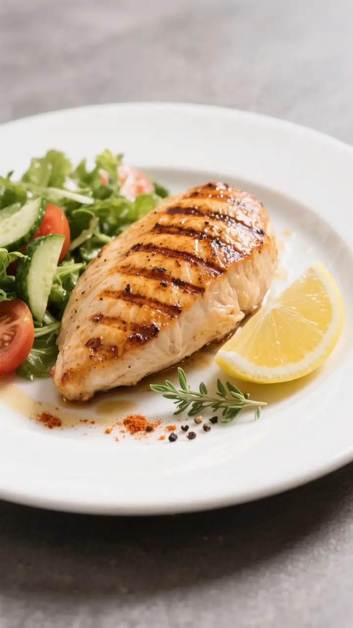 Final plated dinner: Restaurant-quality presentation of a whole grilled chicken breast with deep gri