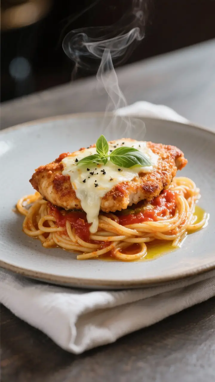 Final plated dinner scene, three-quarter angle: a single Chicken Parmesan cutlet set over a ribboned