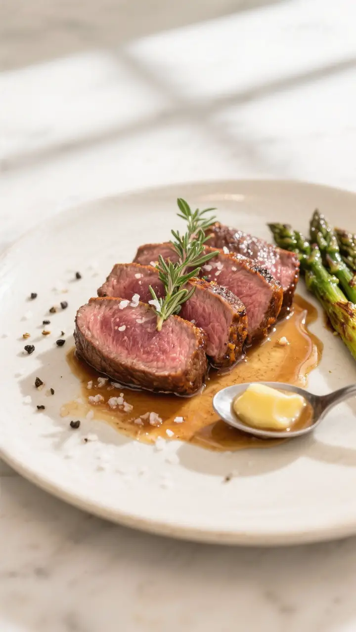 Final plated dish: Beautifully plated smoked filet mignon, sliced into butter-soft, evenly rosy meda