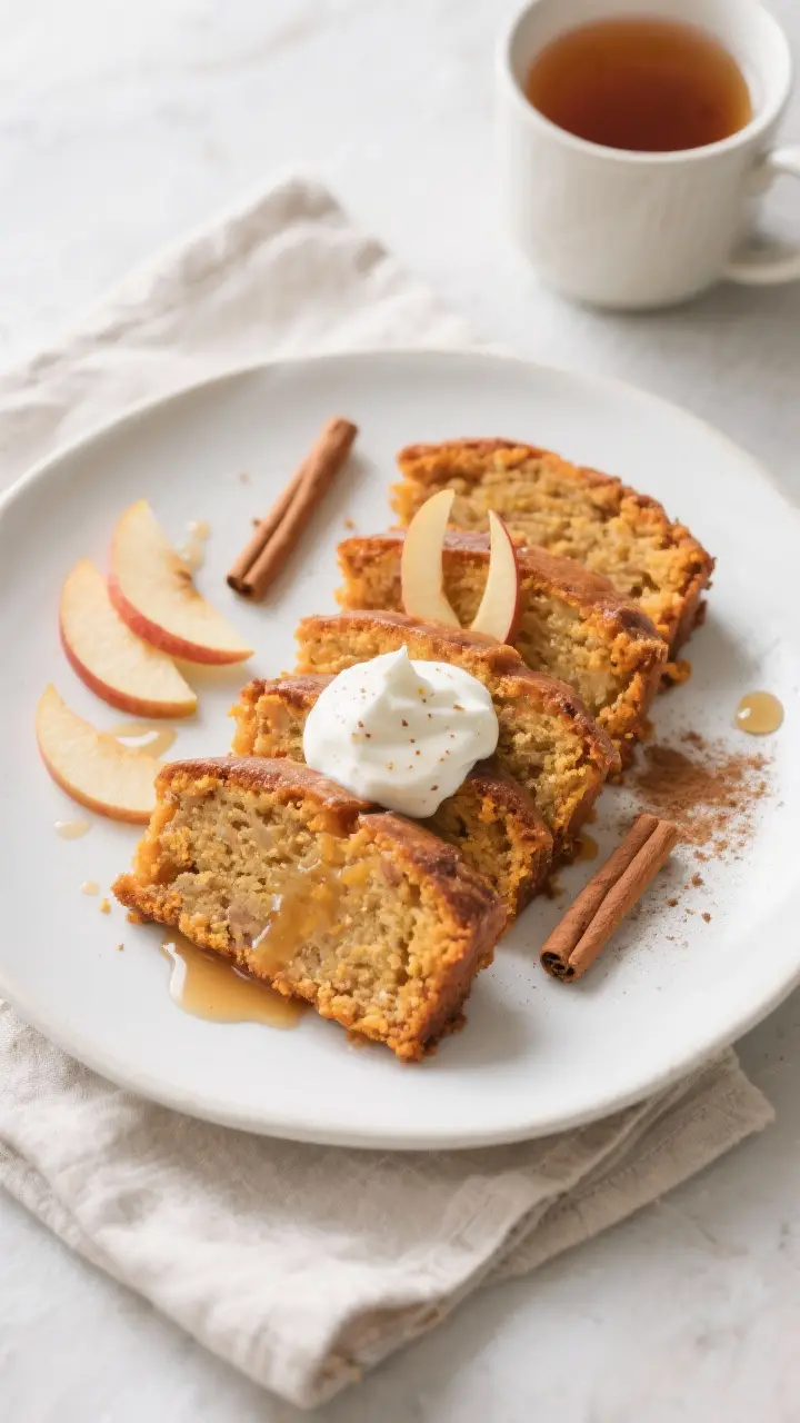 Final plated dish: Beautifully presented slices of Sweet Potato-Apple Cake arranged on a matte white