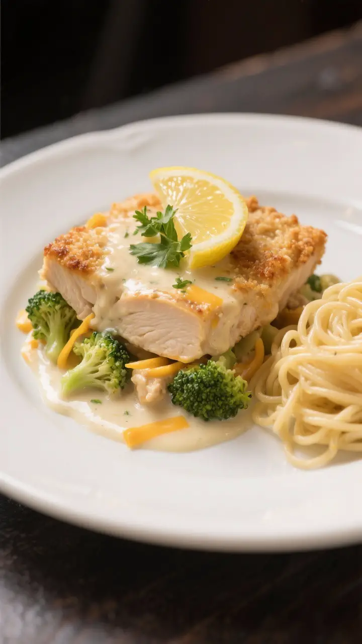 Final plated dish beauty: A generous square of Chicken Divan served on a white ceramic plate with a 