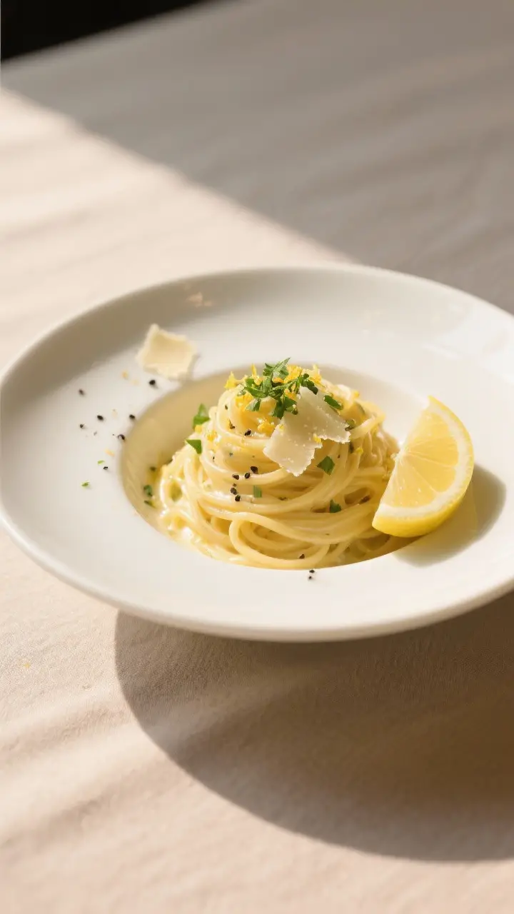 Final plated dish beauty: Citrus Cream Pasta twirled into a neat nest on a wide white pasta bowl, fi