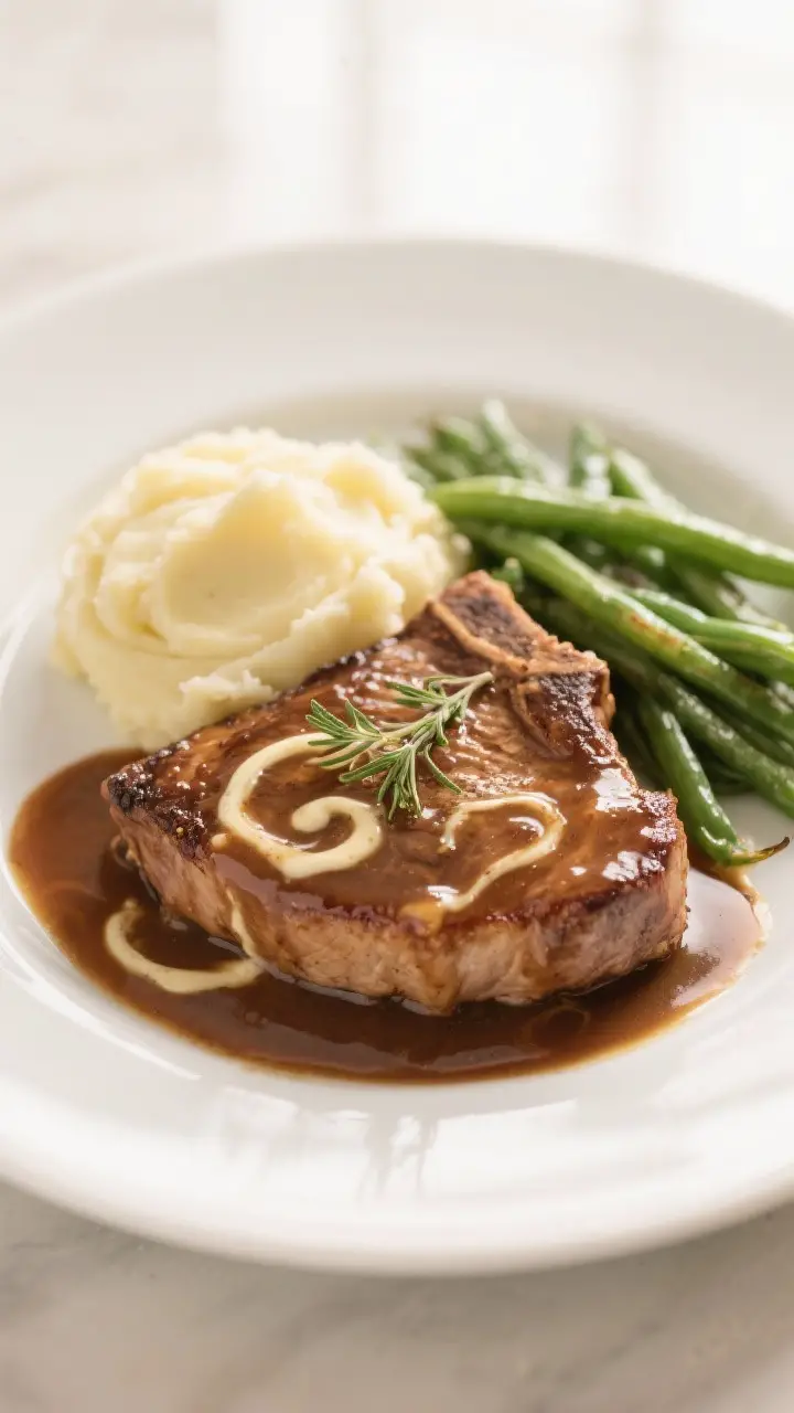 Final plated dish beauty: Restaurant-quality presentation of Instant Pot pork chops with rich gravy 