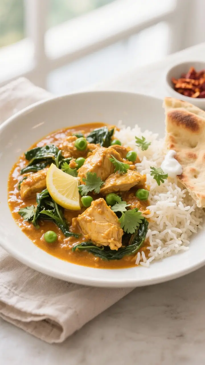 Final plated dish beauty shot: Chicken Curry Hurry served over fluffy basmati rice in a wide, shallo