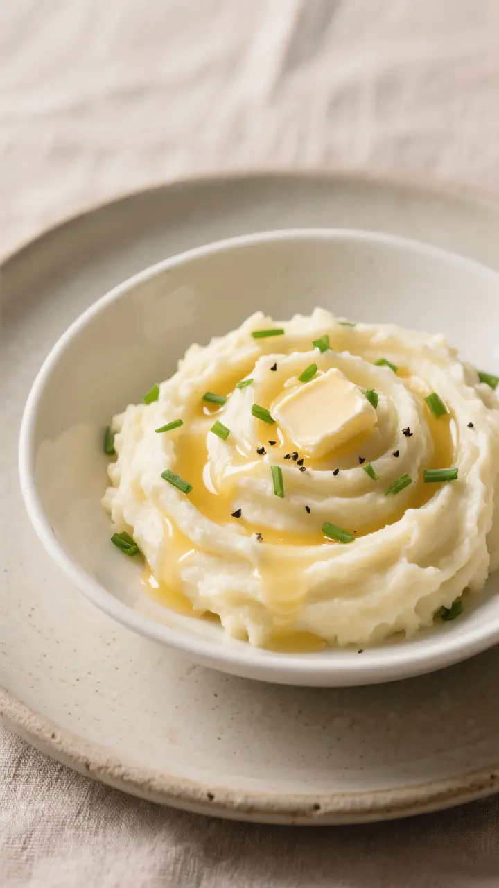 Final plated dish beauty shot: Creamy buttermilk mashed potatoes swirled into a shallow white cerami