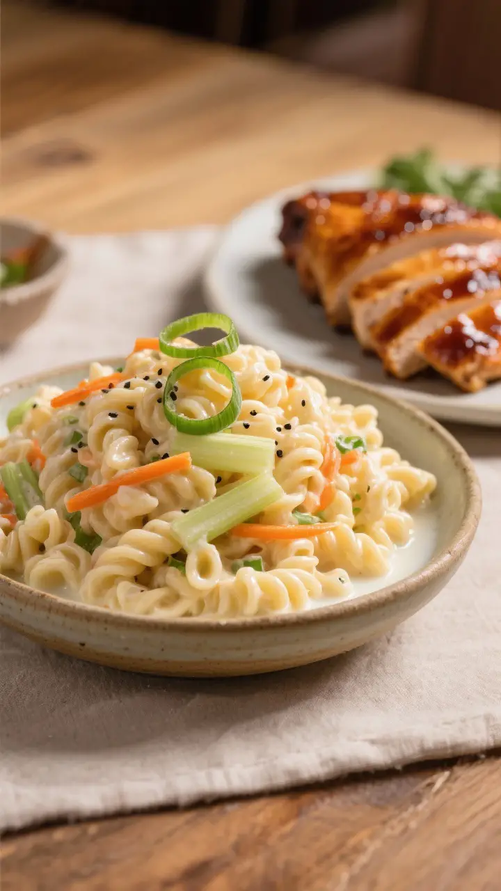 Final plated dish, beauty shot: Island-style Hawaiian macaroni salad mounded in a shallow ceramic bo