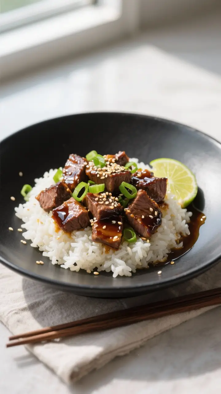 Final plated dish beauty: Teriyaki steak tips piled over fluffy steamed jasmine rice in a wide matte