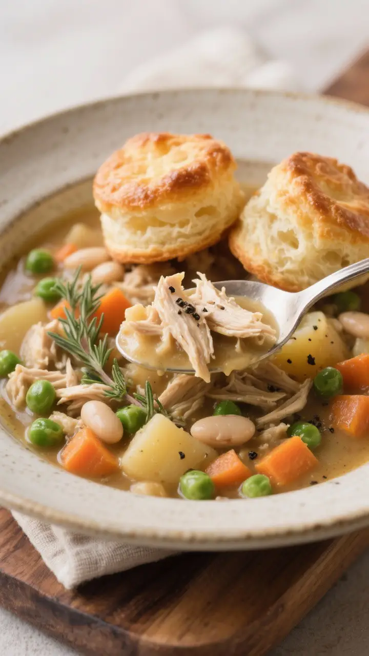 Final plated dish, close-up hero: A rustic bowl of Cheese Puff Stew served with two to three cheese