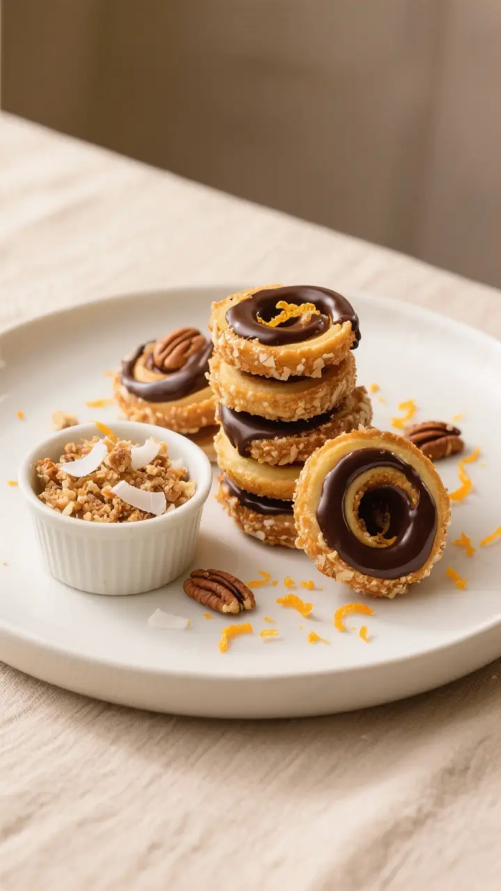 Final plated dish, overhead: A restaurant-quality presentation of Coconut Pecan Coils stacked casual
