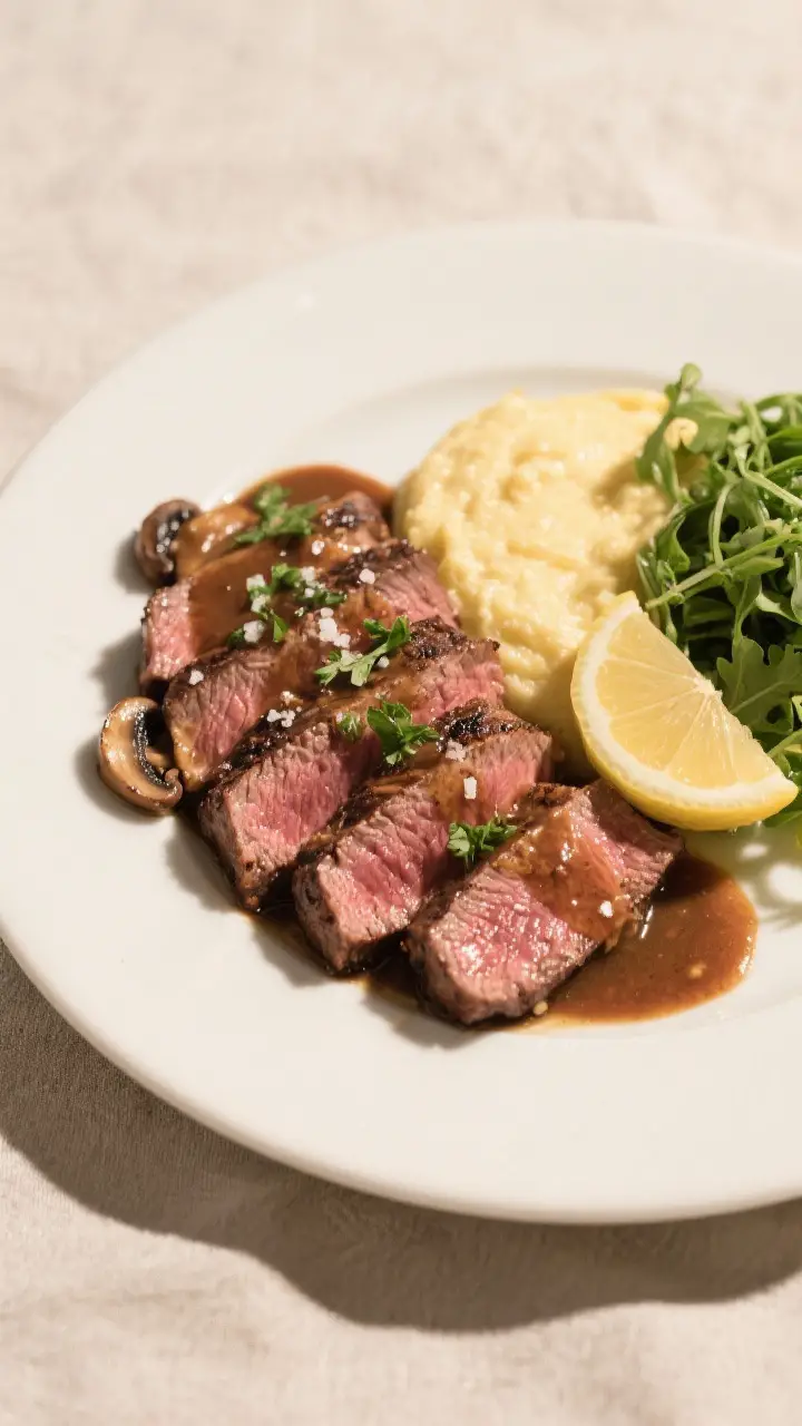 Final plated dish, overhead: Sliced medium-rare strip steak fanned on a warm white plate, rosy cente