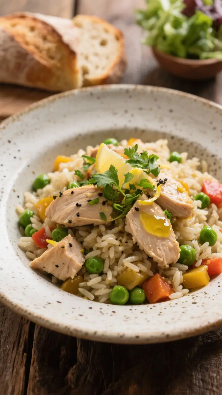 Final plated dish, restaurant-quality: Beautifully plated bowl of Super Supper chicken and rice, hea