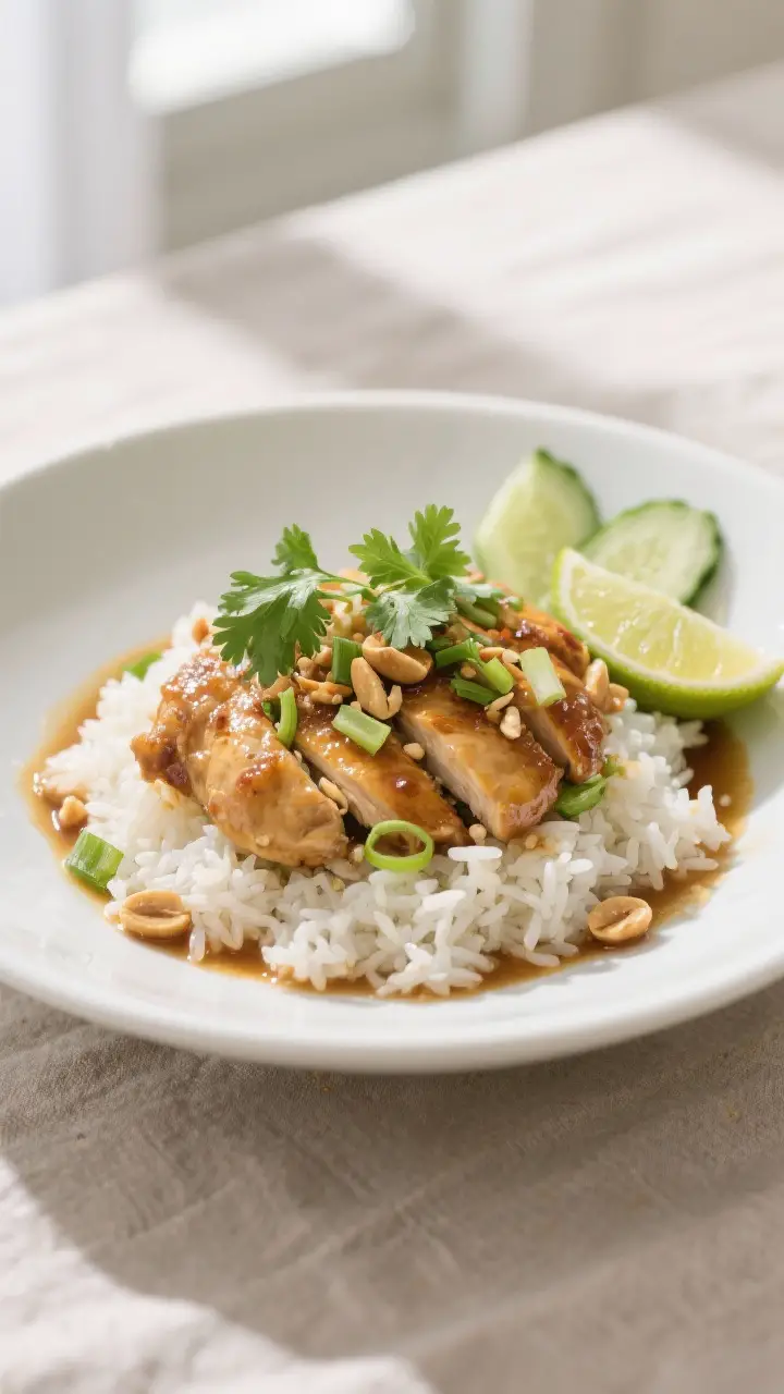 Final plated dish: Restaurant-quality bowl of Easy Cilantro Thai Chicken over fluffy jasmine rice, c