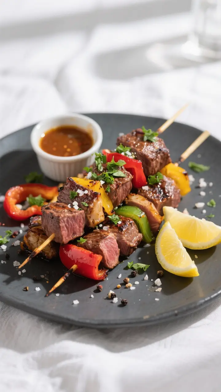 Final plated dish: Restaurant-quality presentation of grilled steak kabobs on a matte charcoal plate