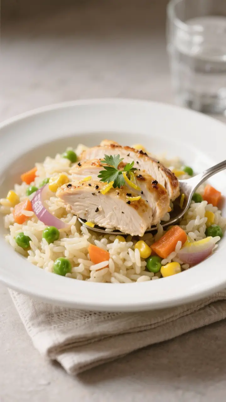 Final plated dish: Restaurant-quality presentation of a generous spoonful of Busy Day Chicken Bake p