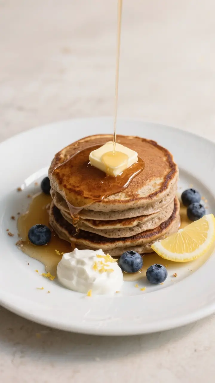 Final plated dish: Restaurant-quality presentation of blueberry buckwheat pancakes stacked high on a