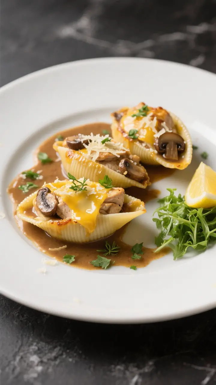 Final plated dish: Restaurant-quality presentation of Chicken Marsala Stuffed Shells on a matte whit