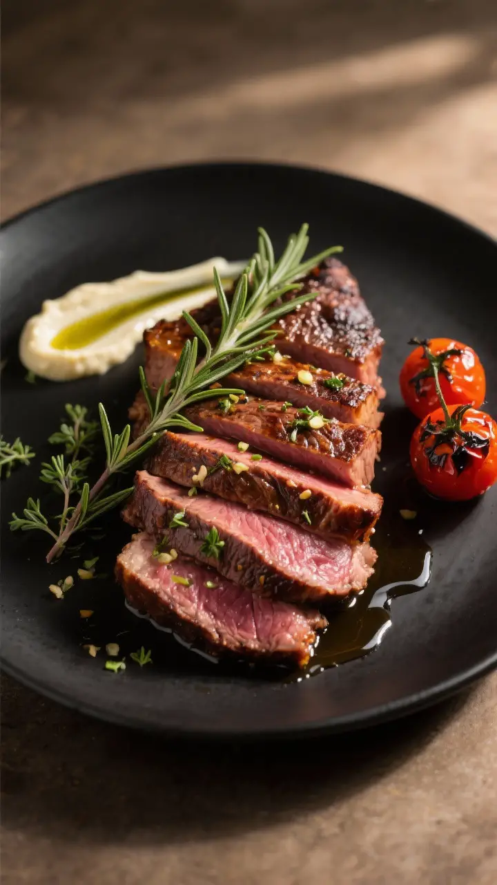 Final plated dish: Restaurant-quality presentation of smoked tri tip with herb-garlic finish—slice