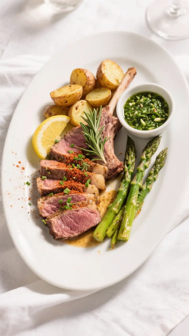 Final plated dish: Restaurant-quality presentation of boneless leg of lamb slices arranged against t