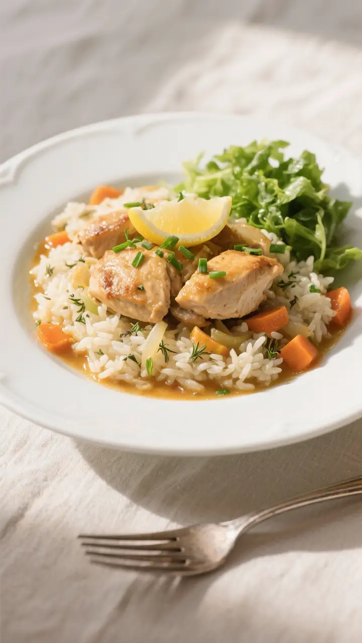 Final plated dish: Restaurant-quality presentation of a generous serving of chicken and rice cassero