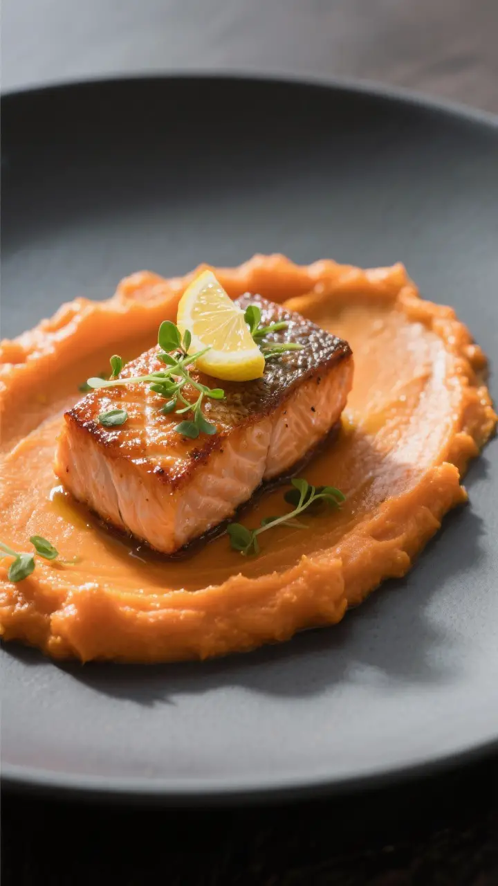 Final plated dish: Restaurant-quality presentation of carrot–ginger puree as a base for roasted sa