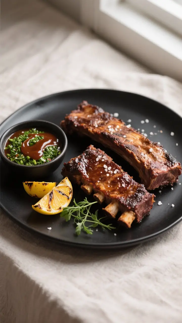Final plated dish: Restaurant-quality presentation of two meaty beef ribs on a matte black plate, gl