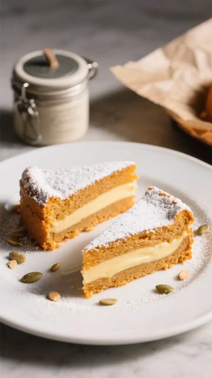 Final plated dish: Restaurant-quality presentation of two clean slices of Travelling Custard Pumpkin