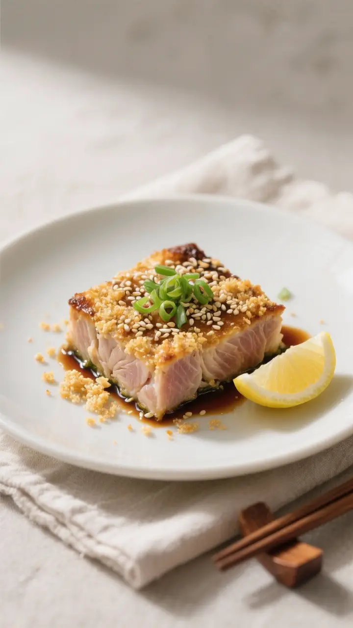 Final plated dish: Restaurant-quality presentation of a neat square of Oriental Tuna Bake on a matte