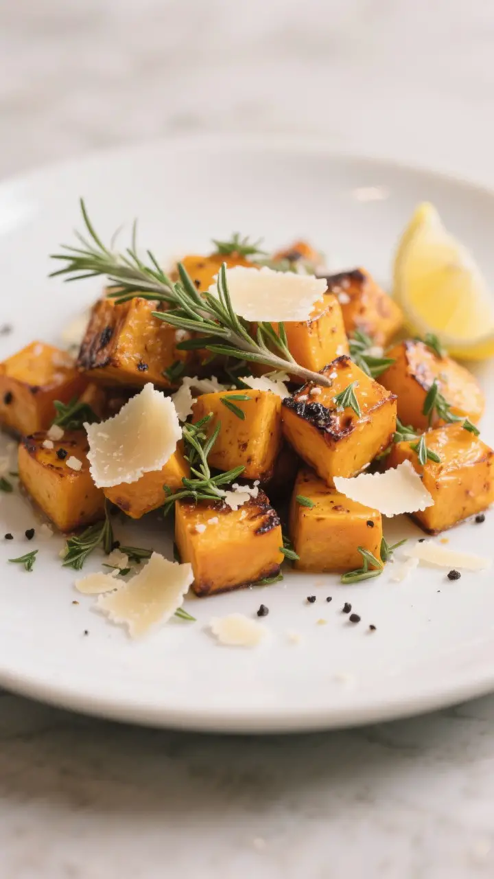 Final plated dish: Restaurant-quality presentation of roasted butternut squash in a savory herb vari