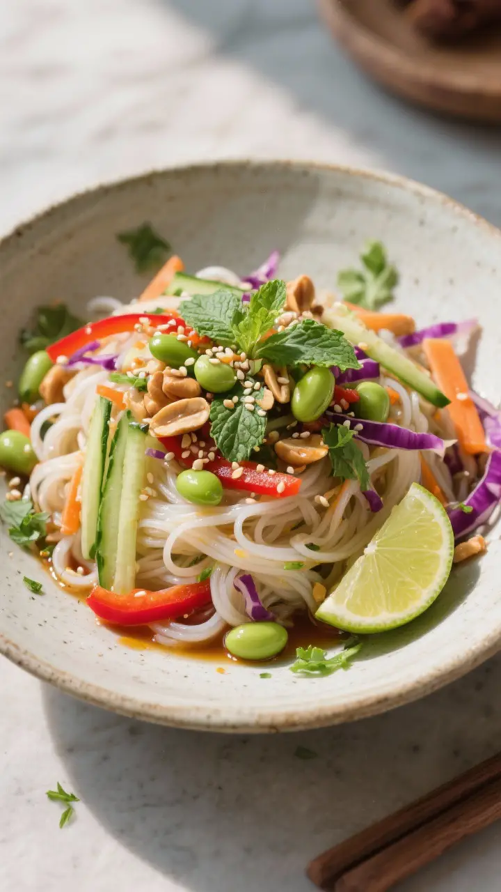 Final plated dish: Restaurant-quality presentation of Cold Asian Noodle Salad in a shallow stoneware