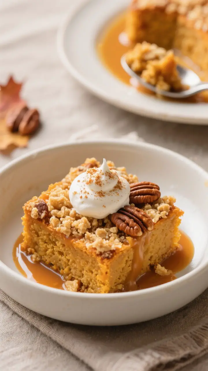 Final plated dish: Restaurant-quality presentation of a warm square of Pumpkin Dump Cake served in a