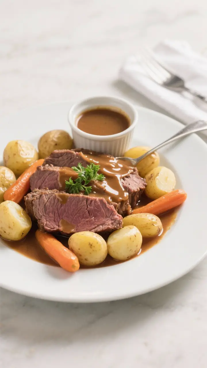 Final plated dish: Restaurant-quality presentation of sliced pot roast on a wide white plate, surrou