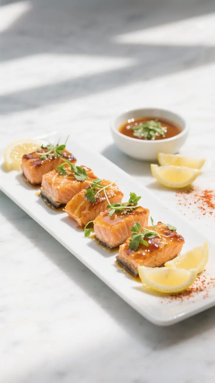 Final plated dish, restaurant-style: Air Fryer Salmon Bites arranged on a long white platter for sha
