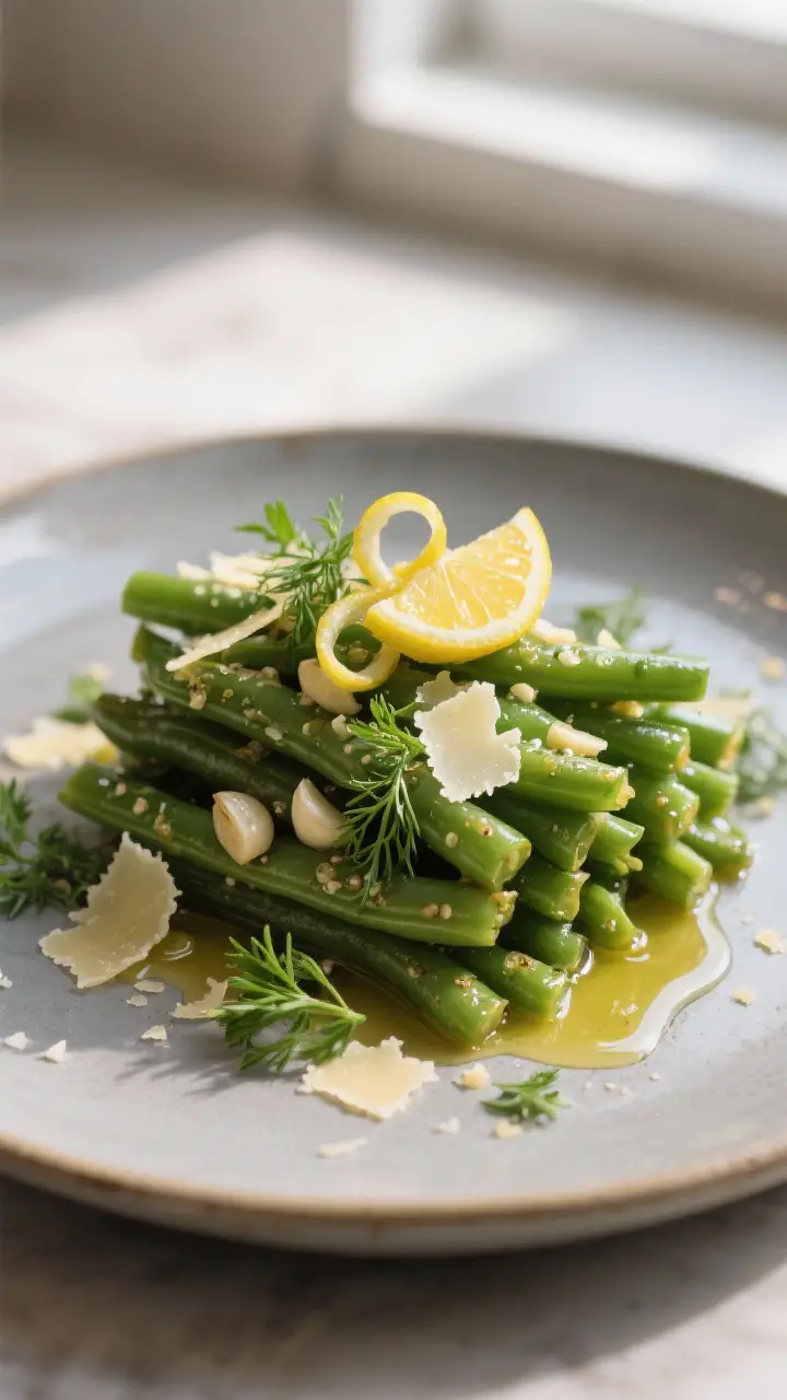Final plated dish: Restaurant-style presentation of garlicky lemon green beans on a matte ceramic pl