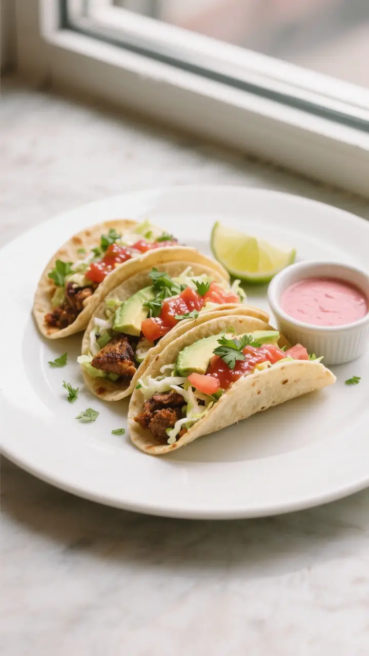 Final plated dish: Restaurant-style presentation of finished Tico-Tacos on a matte white plate—thr